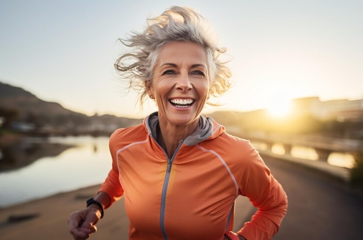 Mulher idosa sorridente correndo ao ar livre durante o pôr do sol, vestindo uma jaqueta laranja, simbolizando saúde e bem-estar na prática de exercícios físicos.