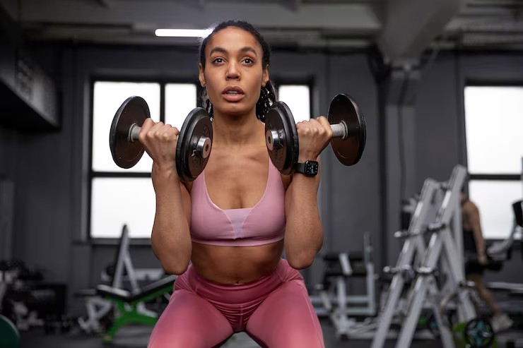 Mulher com roupa própria para exercícios físicos realizando atividades físicas com dois pesos  halteres.