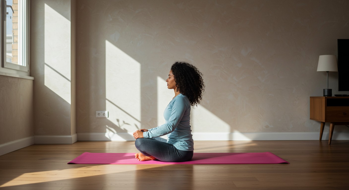 Mulher praticando a meditação na sala de sua casa em cima de um tapete para yoga.