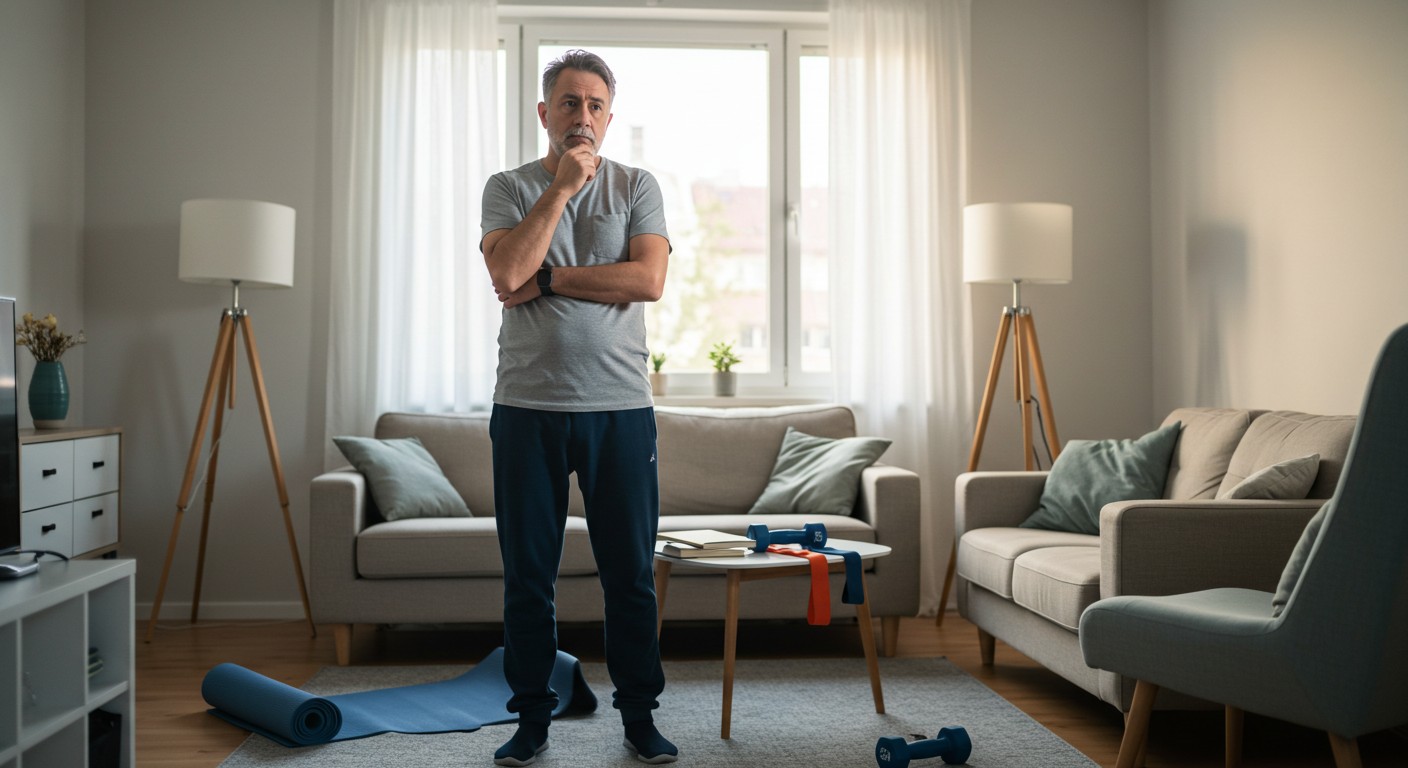Homem pensando em sua sala de estar ao meio de equipamentos de academia como halteres e tapete de yoga.