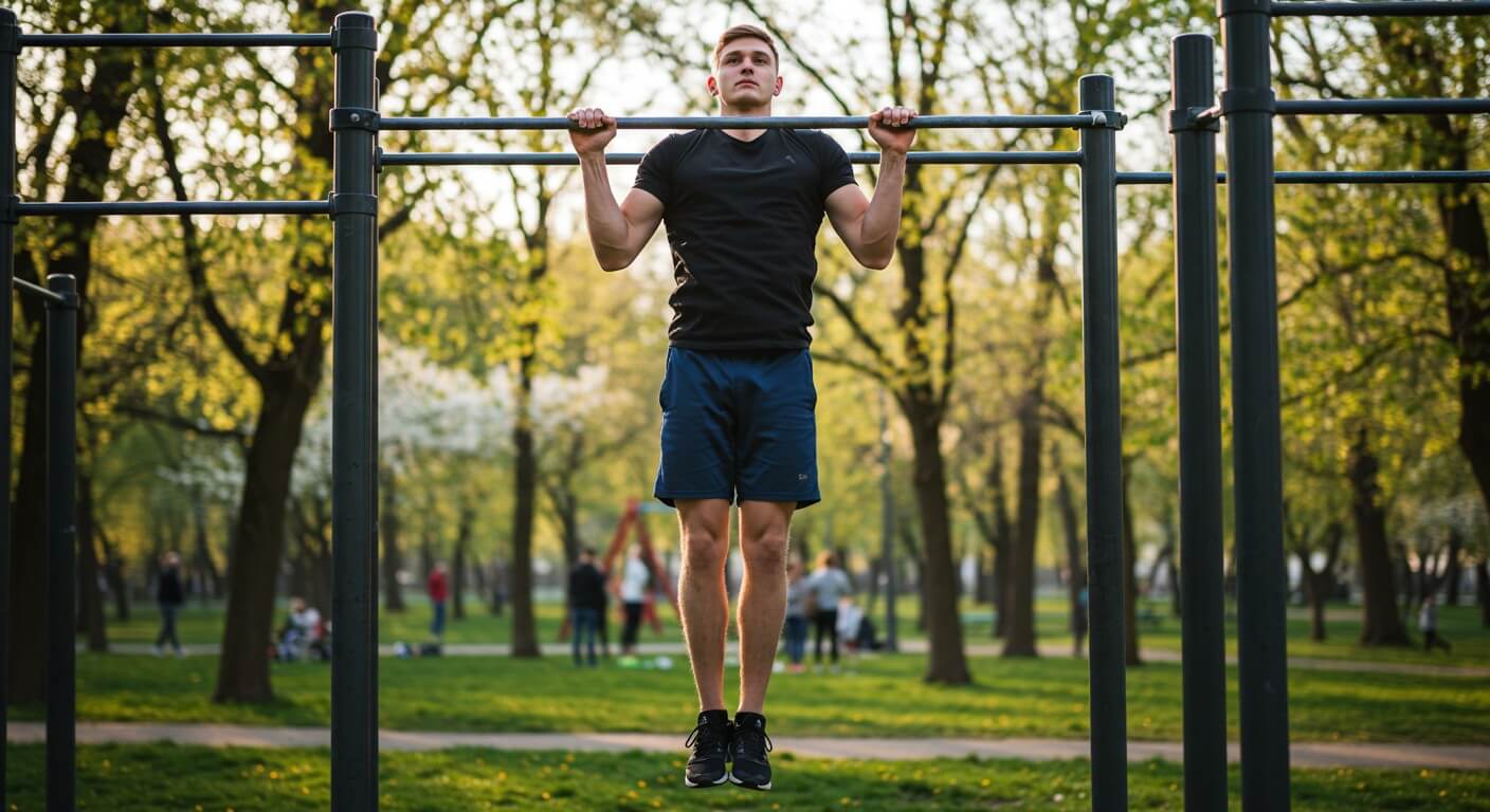 Homem realizando barra em um parque de dia.