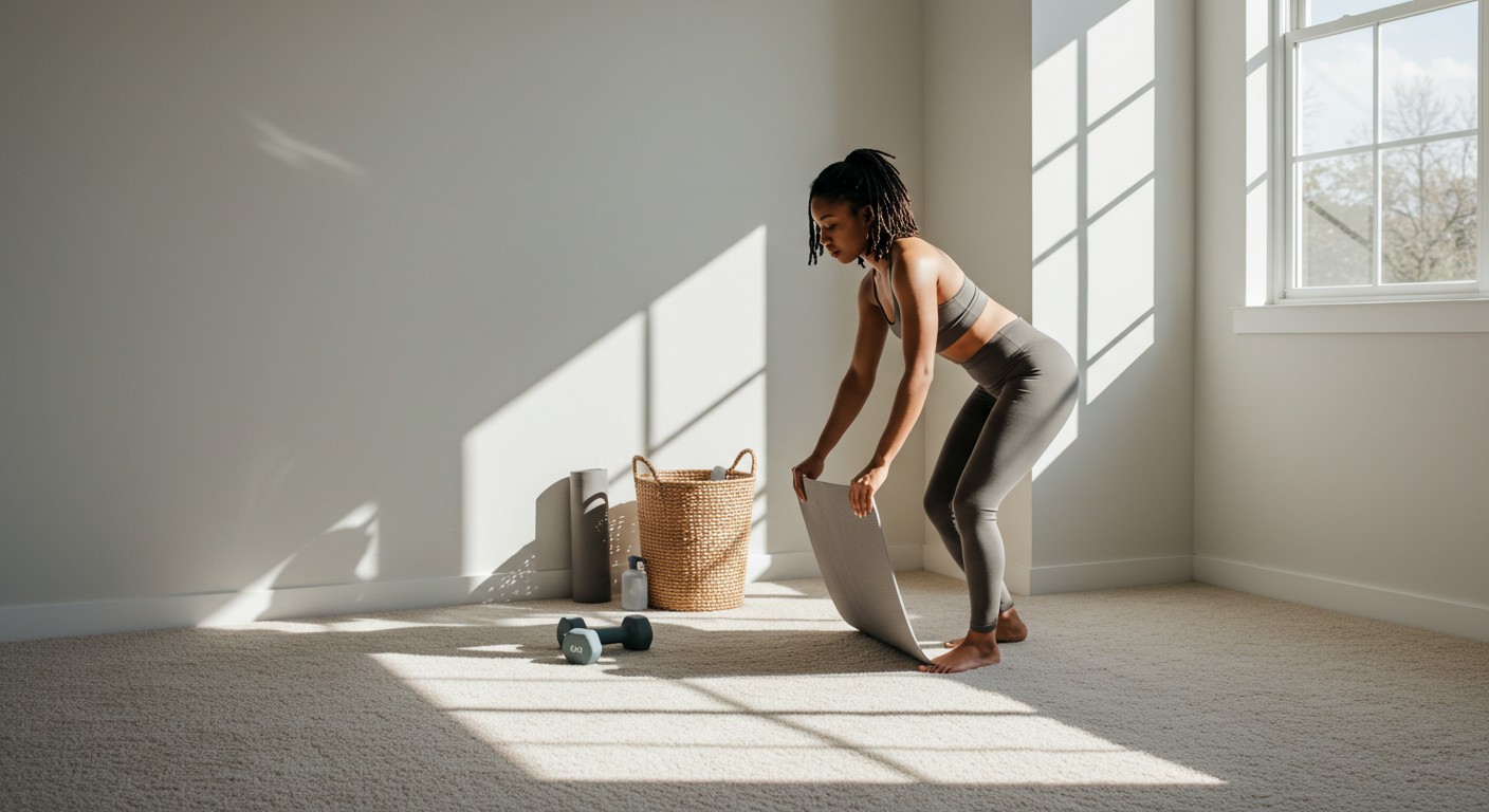 Mulher estendendo tapete de yoga em sua sala de estar para realizar seu treino de perna.