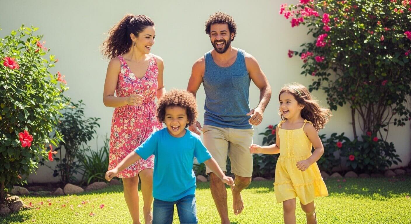 Família se divertindo no quintal de casa em um dia claro.