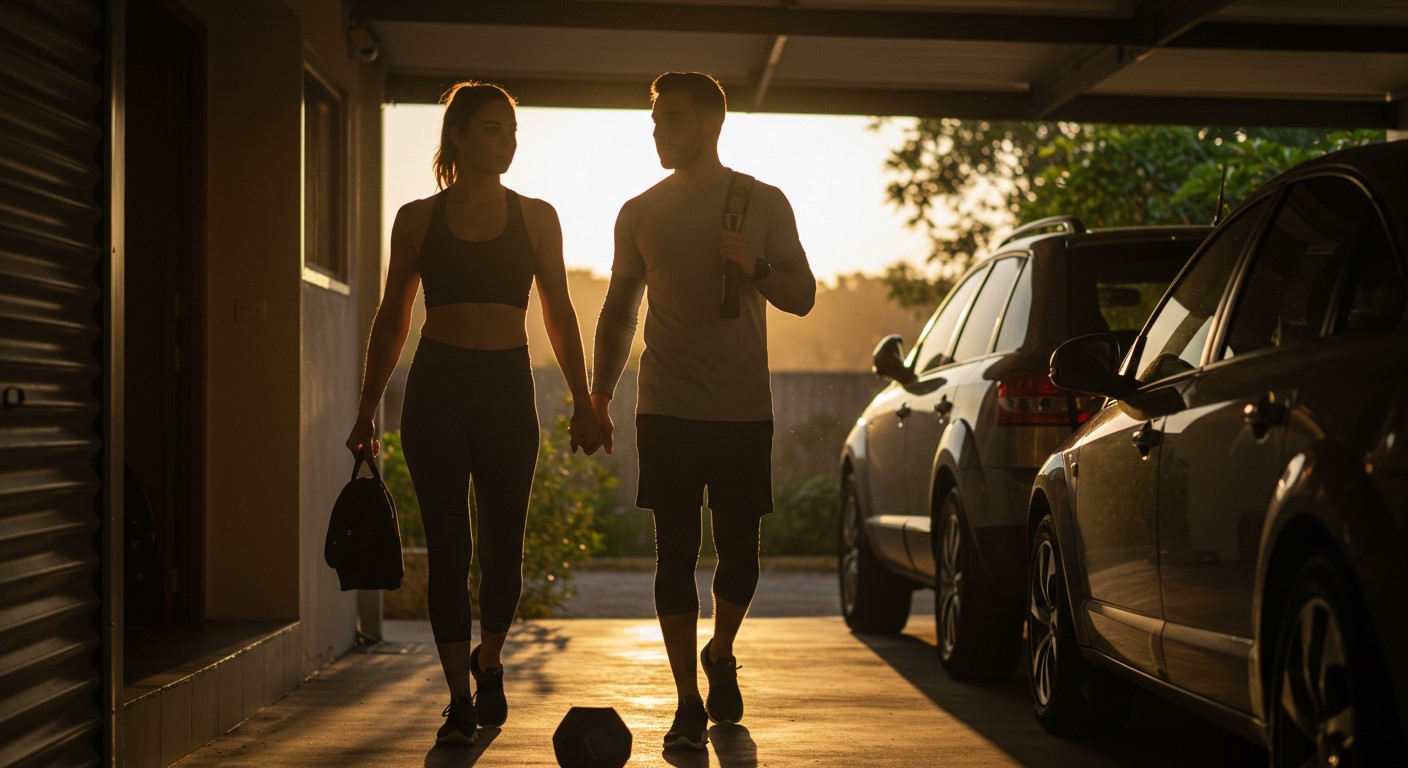 Casal saindo para treinar juntos.