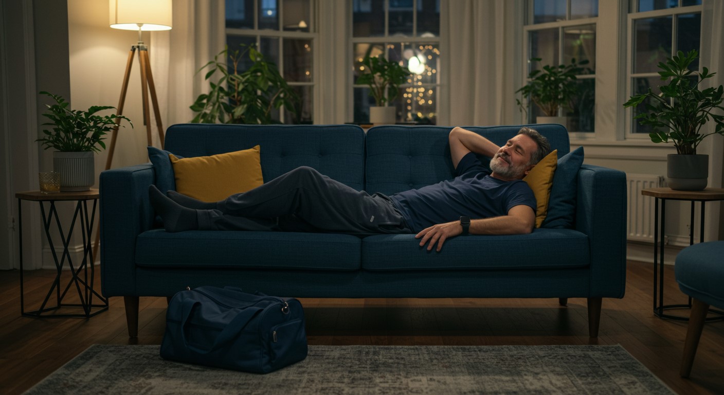 Homem descansando no sofá após 21 dias de treino.