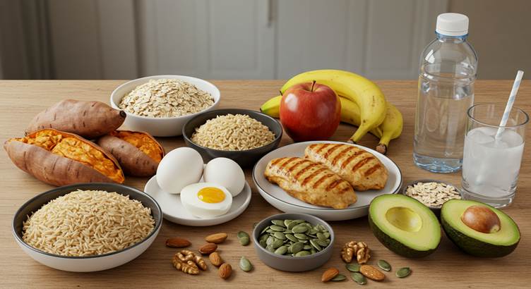 como batata-doce, arroz integral, aveia, mandioca e frutas 