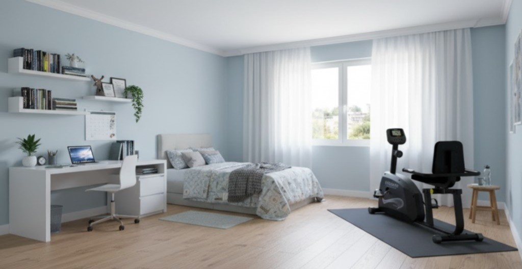 Bicicleta Horizontal no quarto de uma estudante.