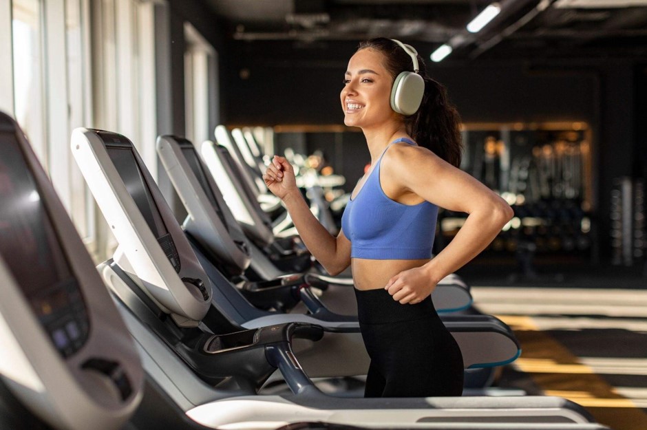 Mulher sorridente usando fones de ouvido e roupa esportiva azul enquanto decide treinar no condomínio em uma esteira moderna próxima à janela.