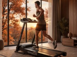 Um homem correndo em uma esteira durante um treino de cardio em casa no outono. Ele está suado, demonstrando intensidade, enquanto a grande janela ao fundo revela uma paisagem externa com árvores de folhas alaranjadas e a luz quente do pôr do sol.