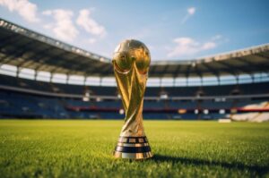 Taça da Copa do Mundo no gramado de um estádio.